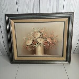 MCM VTG Still Life Oil Painting On Canvas Floral Signed Pastel Framed (21 x 16)